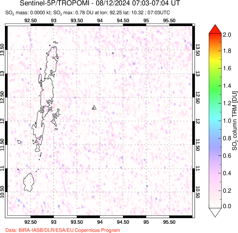 A sulfur dioxide image over Andaman Islands, Indian Ocean on Aug 12, 2024.