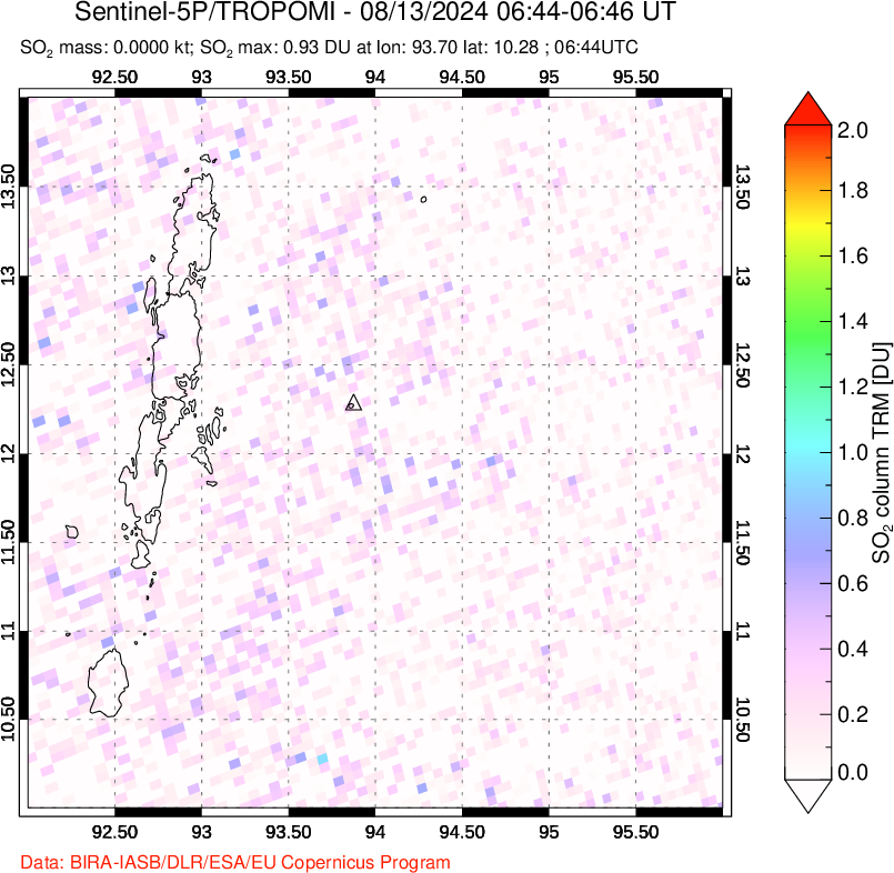 A sulfur dioxide image over Andaman Islands, Indian Ocean on Aug 13, 2024.