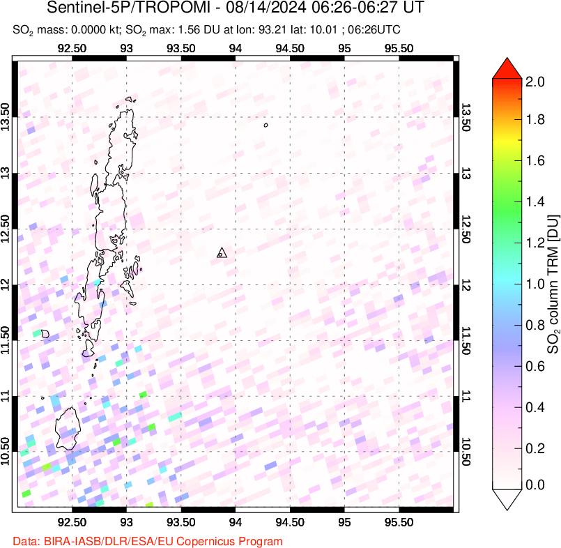 A sulfur dioxide image over Andaman Islands, Indian Ocean on Aug 14, 2024.