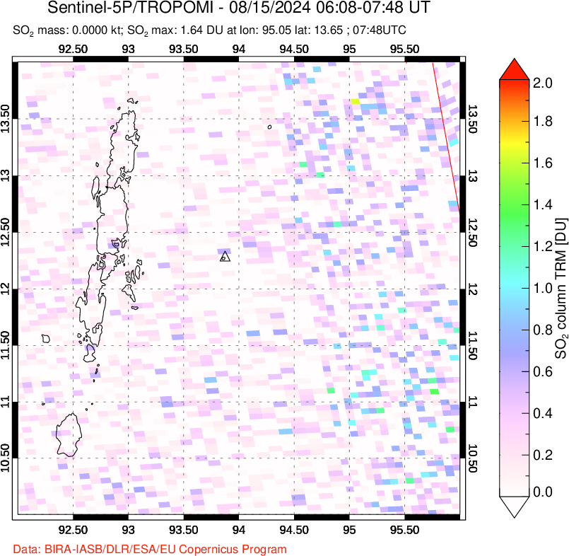 A sulfur dioxide image over Andaman Islands, Indian Ocean on Aug 15, 2024.