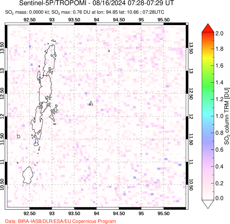 A sulfur dioxide image over Andaman Islands, Indian Ocean on Aug 16, 2024.