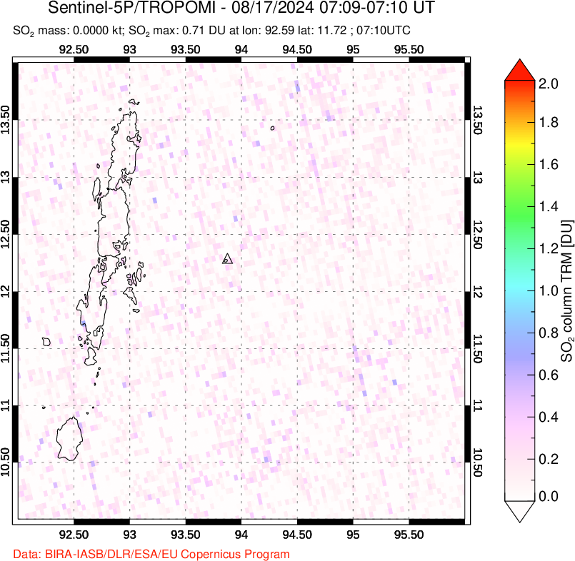 A sulfur dioxide image over Andaman Islands, Indian Ocean on Aug 17, 2024.