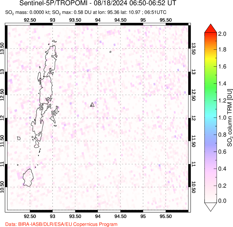 A sulfur dioxide image over Andaman Islands, Indian Ocean on Aug 18, 2024.