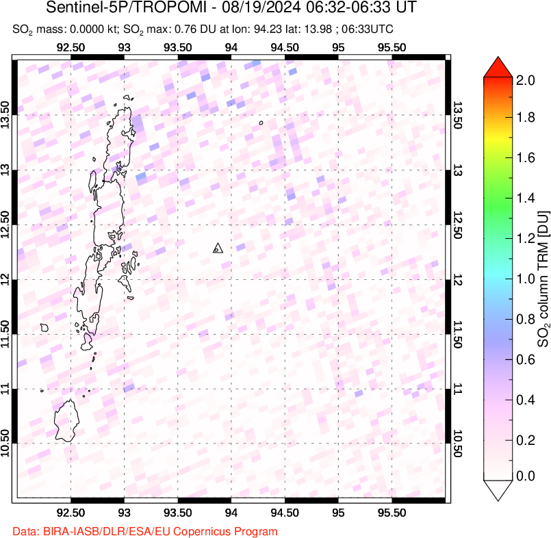 A sulfur dioxide image over Andaman Islands, Indian Ocean on Aug 19, 2024.