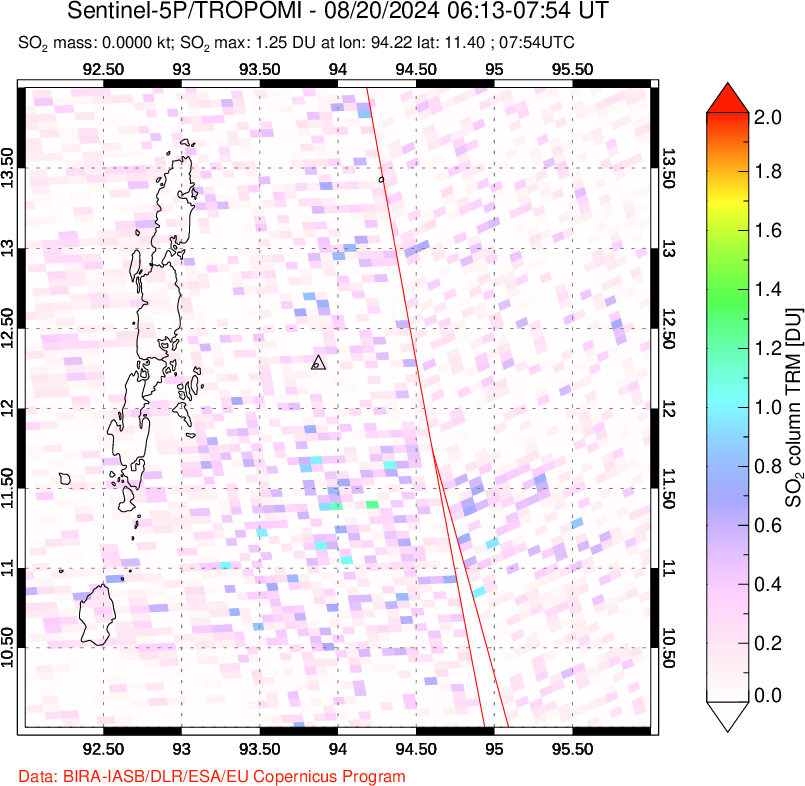 A sulfur dioxide image over Andaman Islands, Indian Ocean on Aug 20, 2024.