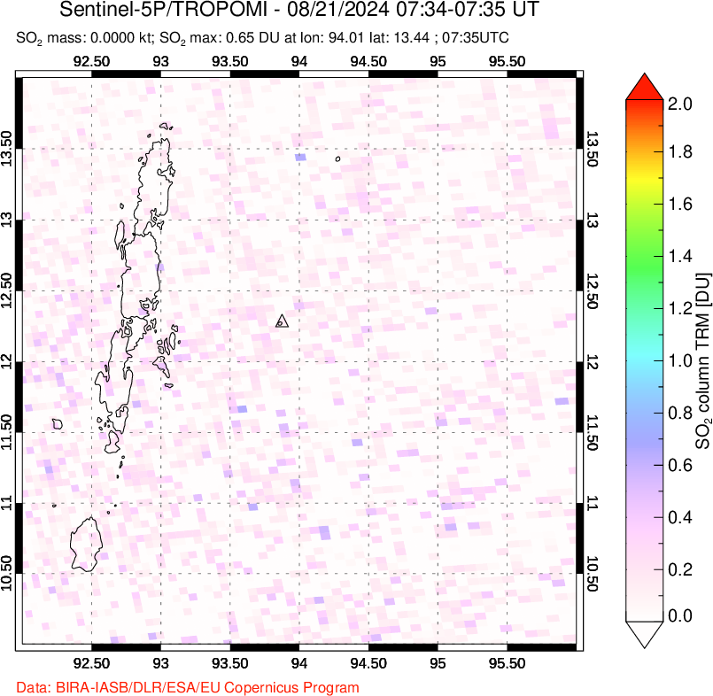 A sulfur dioxide image over Andaman Islands, Indian Ocean on Aug 21, 2024.