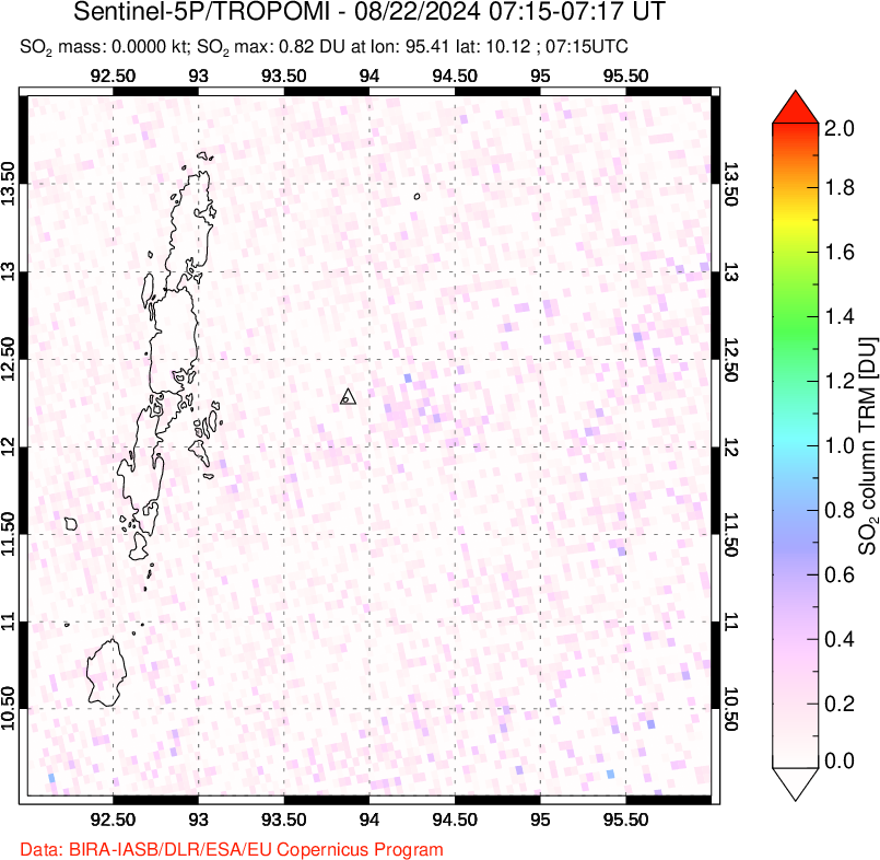 A sulfur dioxide image over Andaman Islands, Indian Ocean on Aug 22, 2024.