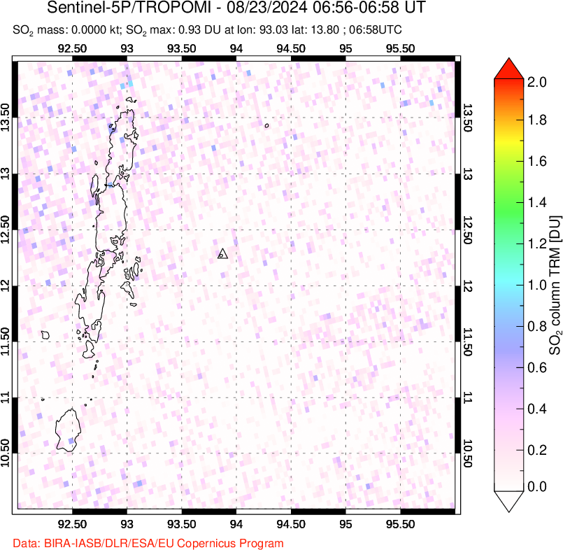 A sulfur dioxide image over Andaman Islands, Indian Ocean on Aug 23, 2024.