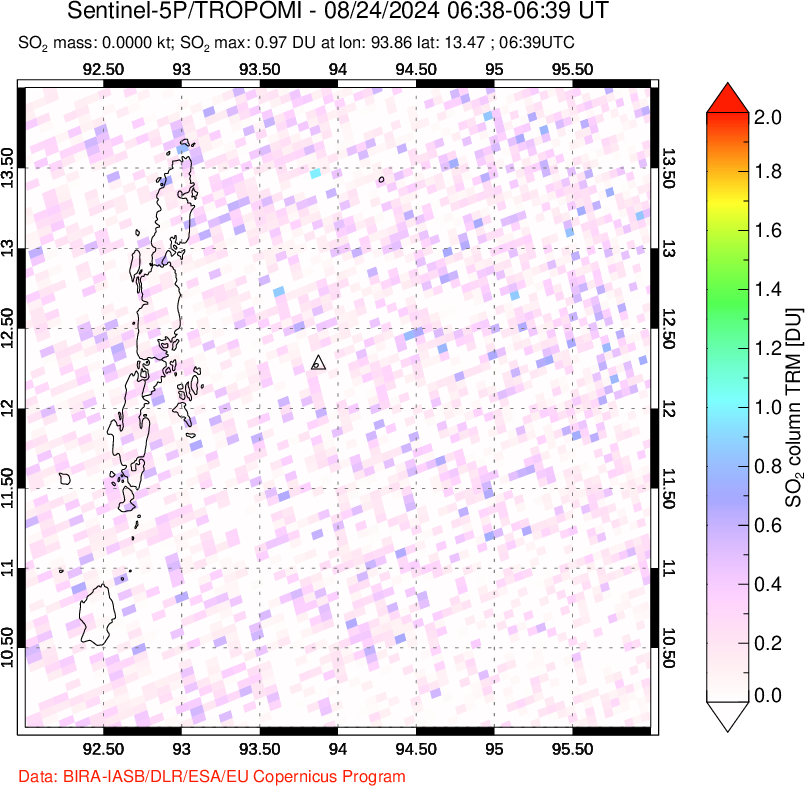 A sulfur dioxide image over Andaman Islands, Indian Ocean on Aug 24, 2024.