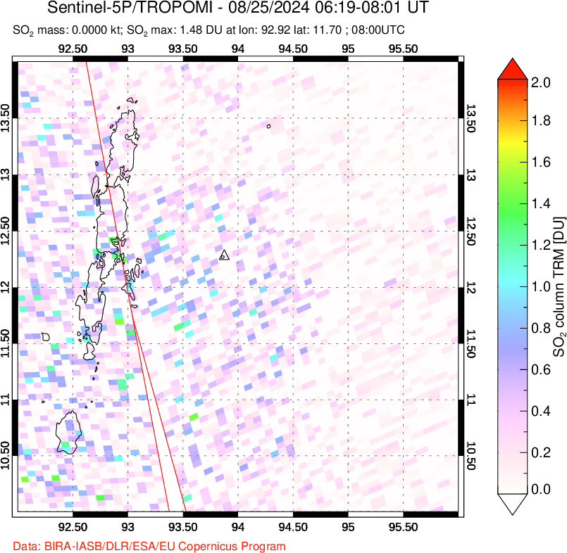 A sulfur dioxide image over Andaman Islands, Indian Ocean on Aug 25, 2024.