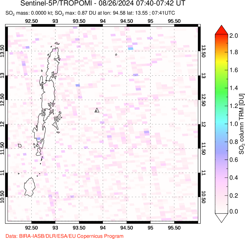 A sulfur dioxide image over Andaman Islands, Indian Ocean on Aug 26, 2024.