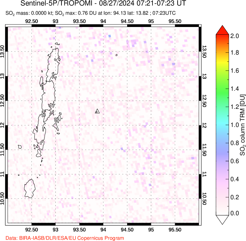 A sulfur dioxide image over Andaman Islands, Indian Ocean on Aug 27, 2024.