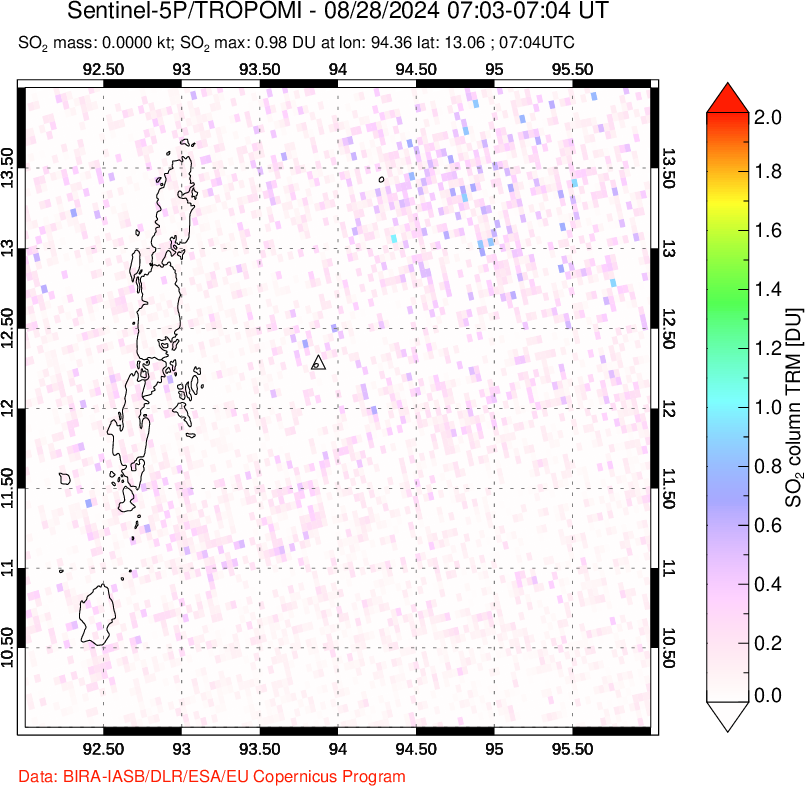 A sulfur dioxide image over Andaman Islands, Indian Ocean on Aug 28, 2024.