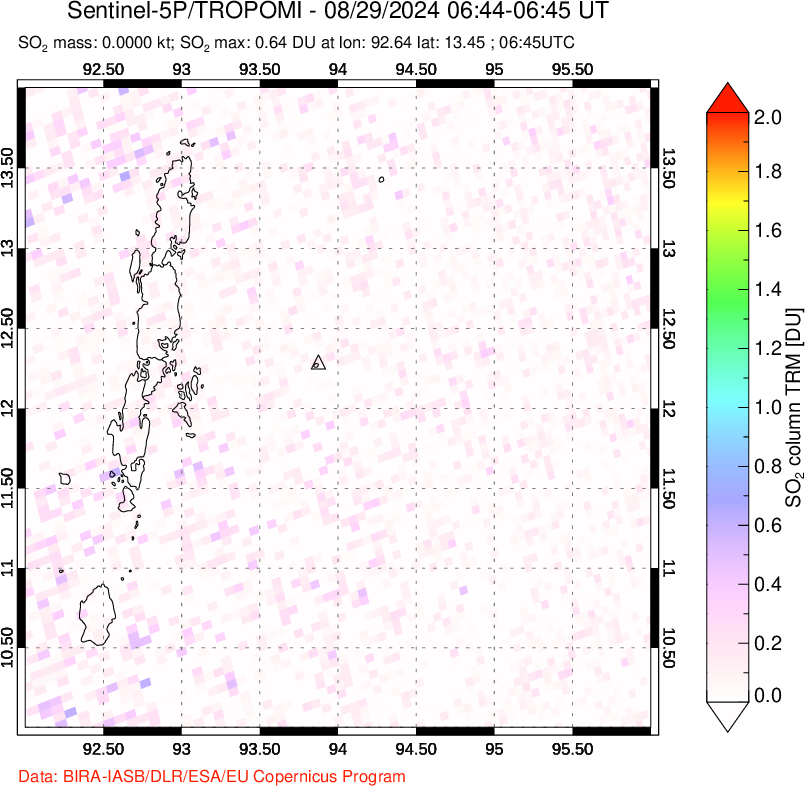 A sulfur dioxide image over Andaman Islands, Indian Ocean on Aug 29, 2024.