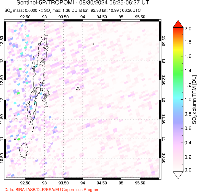 A sulfur dioxide image over Andaman Islands, Indian Ocean on Aug 30, 2024.