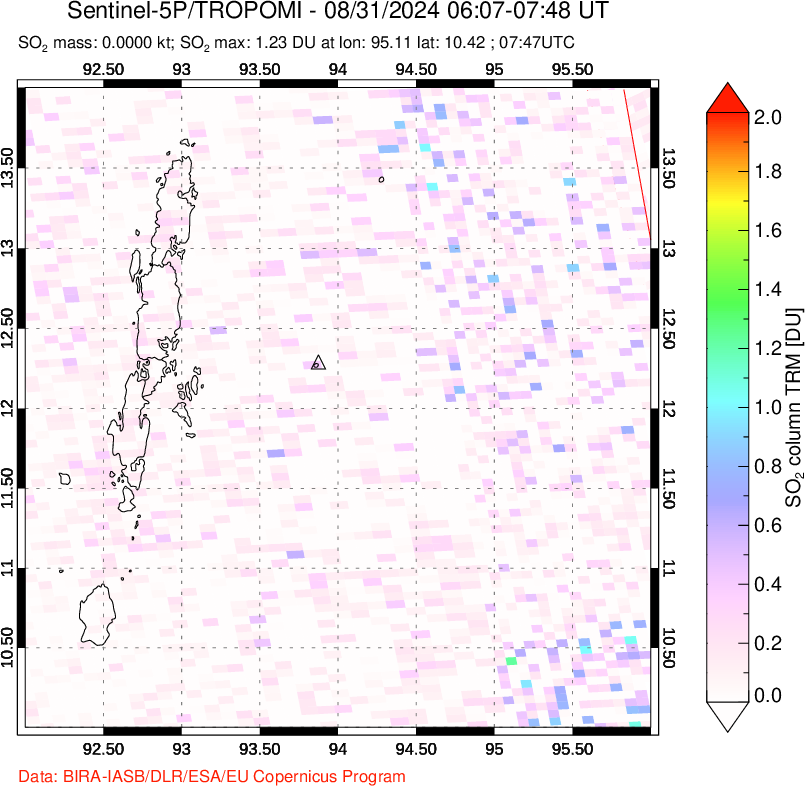 A sulfur dioxide image over Andaman Islands, Indian Ocean on Aug 31, 2024.