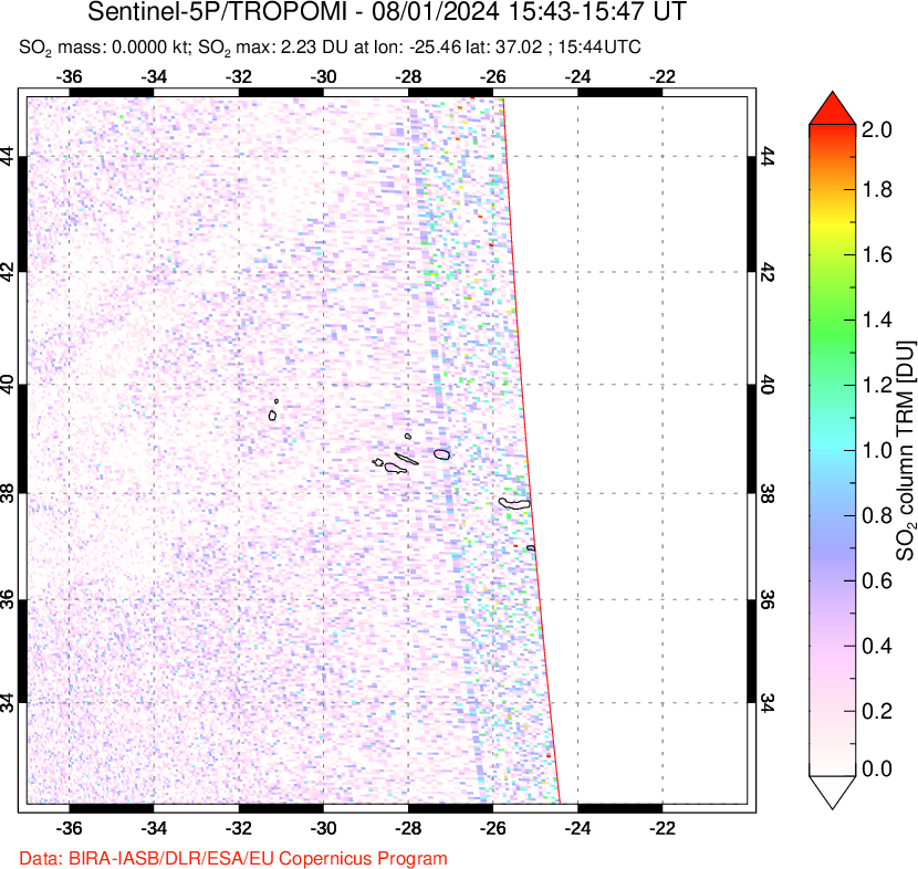 A sulfur dioxide image over Azore Islands, Portugal on Aug 01, 2024.