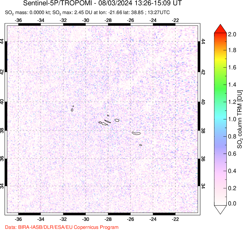 A sulfur dioxide image over Azore Islands, Portugal on Aug 03, 2024.