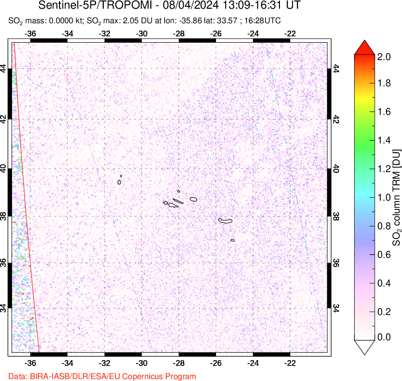 A sulfur dioxide image over Azore Islands, Portugal on Aug 04, 2024.