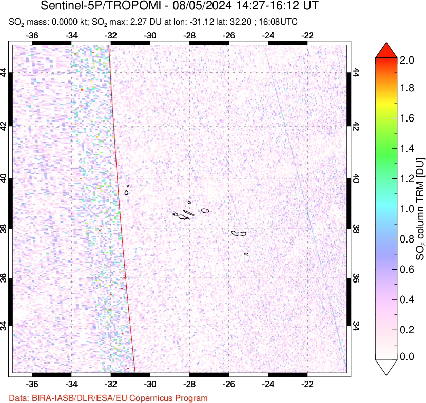 A sulfur dioxide image over Azore Islands, Portugal on Aug 05, 2024.