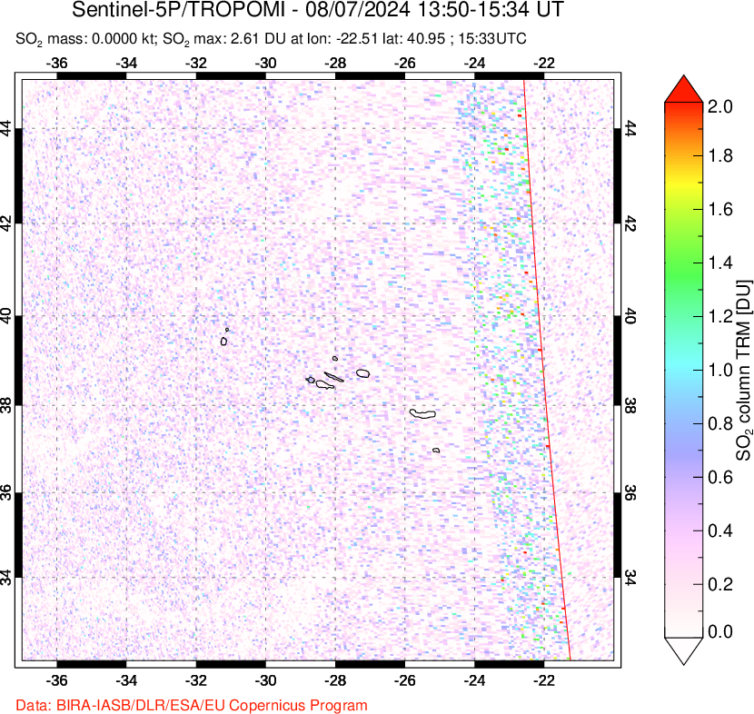 A sulfur dioxide image over Azore Islands, Portugal on Aug 07, 2024.