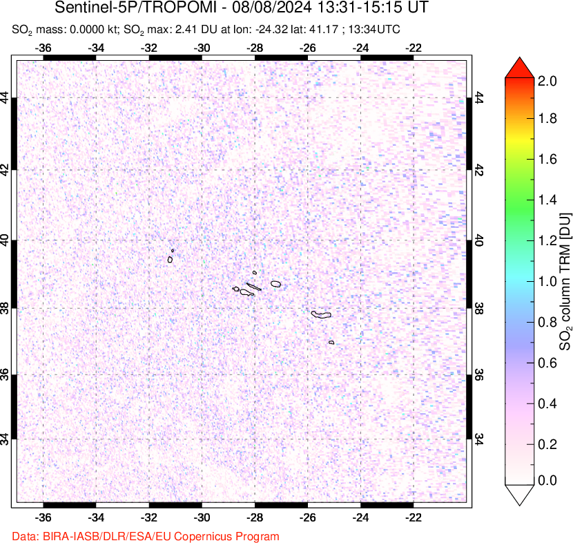 A sulfur dioxide image over Azore Islands, Portugal on Aug 08, 2024.