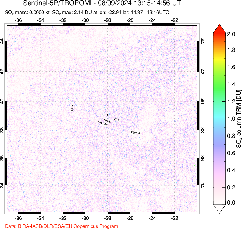 A sulfur dioxide image over Azore Islands, Portugal on Aug 09, 2024.