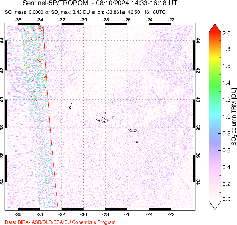 A sulfur dioxide image over Azore Islands, Portugal on Aug 10, 2024.