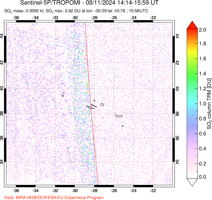 A sulfur dioxide image over Azore Islands, Portugal on Aug 11, 2024.