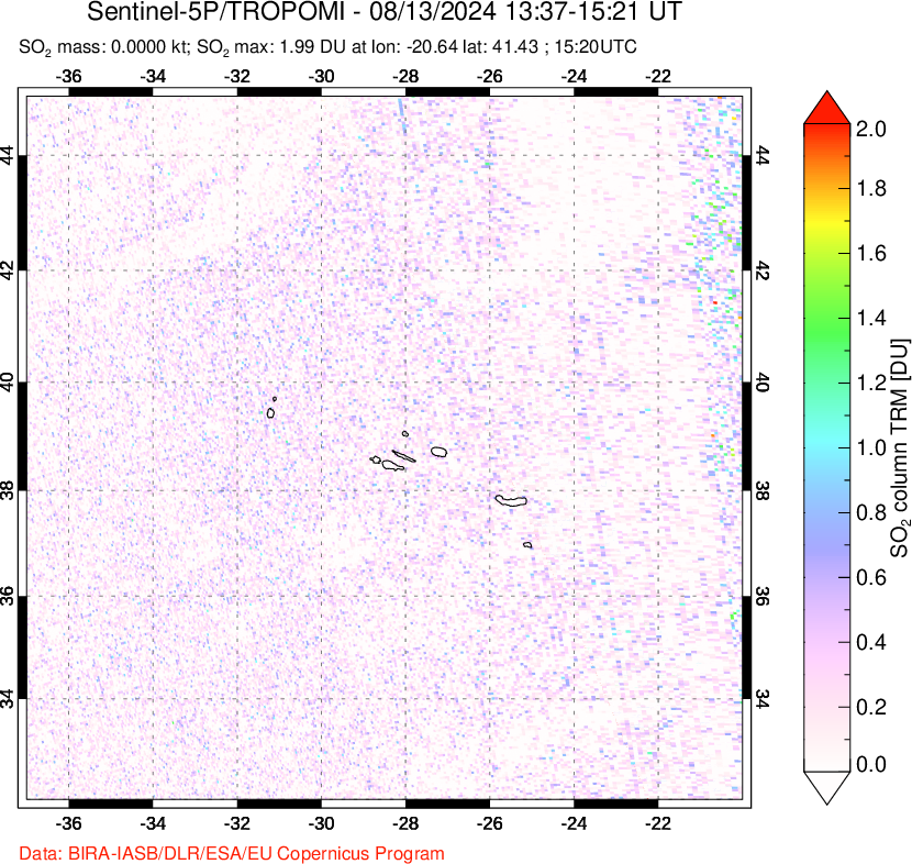 A sulfur dioxide image over Azore Islands, Portugal on Aug 13, 2024.