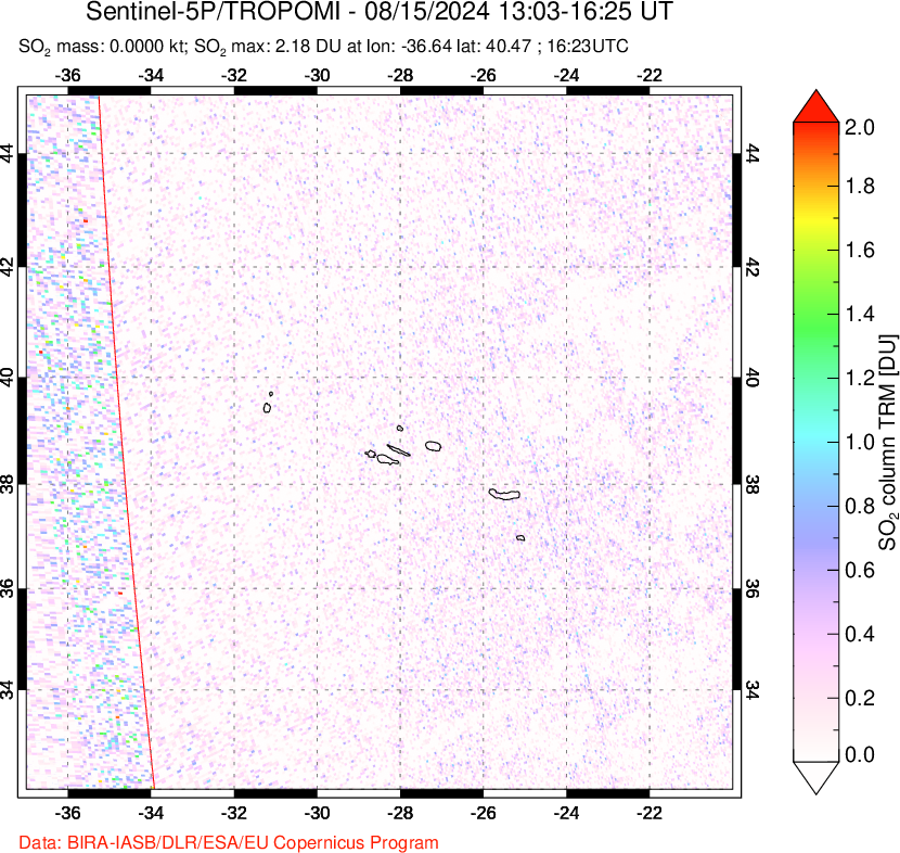 A sulfur dioxide image over Azore Islands, Portugal on Aug 15, 2024.