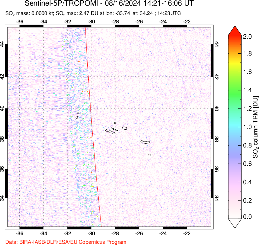 A sulfur dioxide image over Azore Islands, Portugal on Aug 16, 2024.