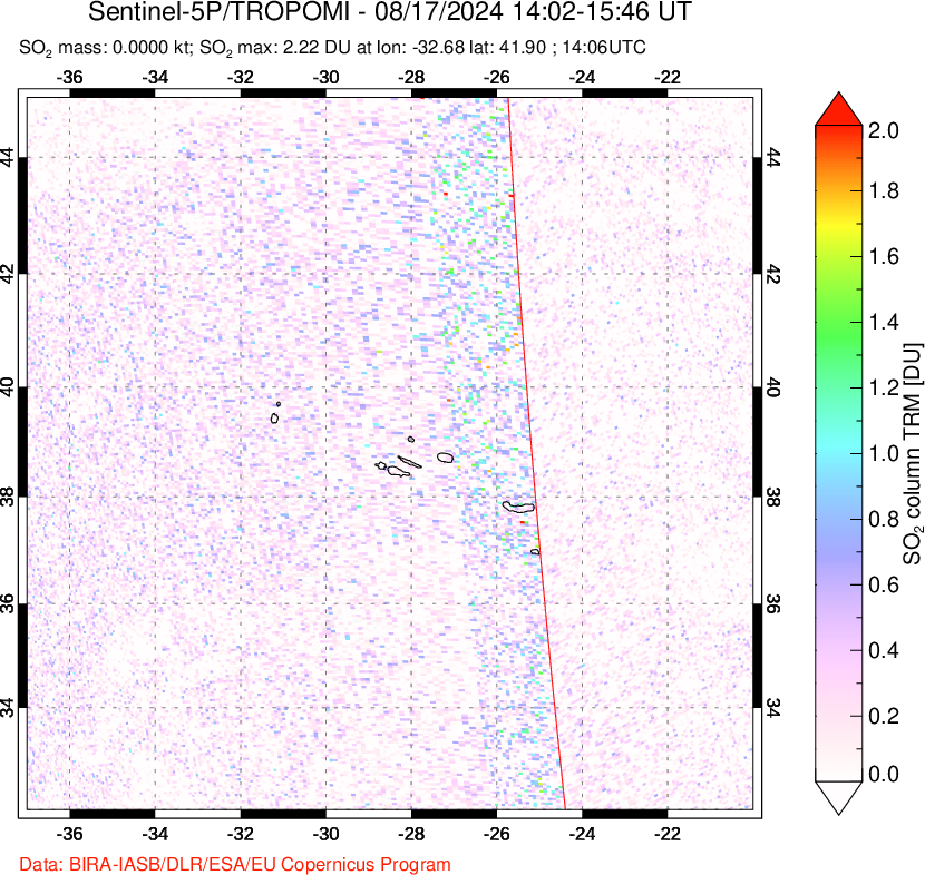 A sulfur dioxide image over Azore Islands, Portugal on Aug 17, 2024.