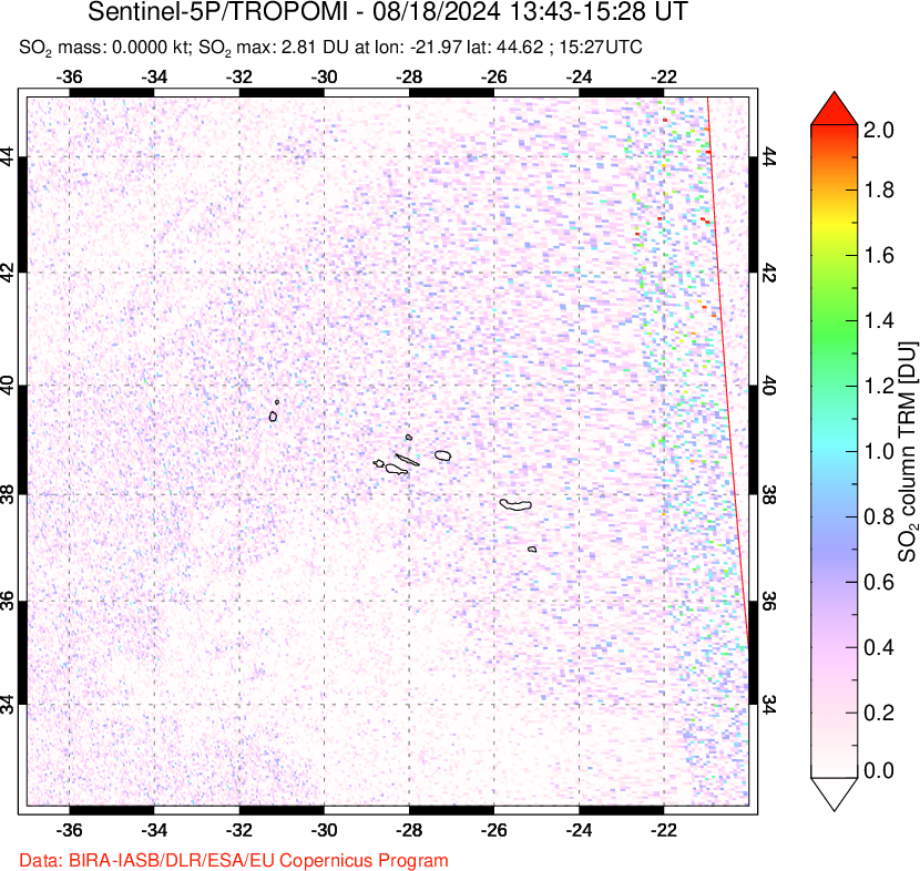 A sulfur dioxide image over Azore Islands, Portugal on Aug 18, 2024.