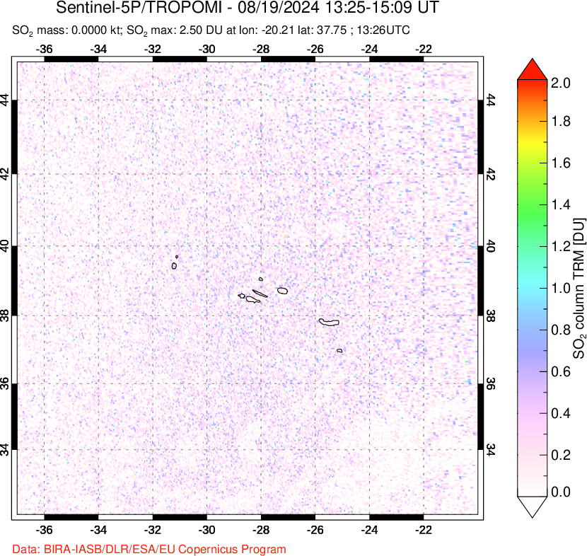 A sulfur dioxide image over Azore Islands, Portugal on Aug 19, 2024.