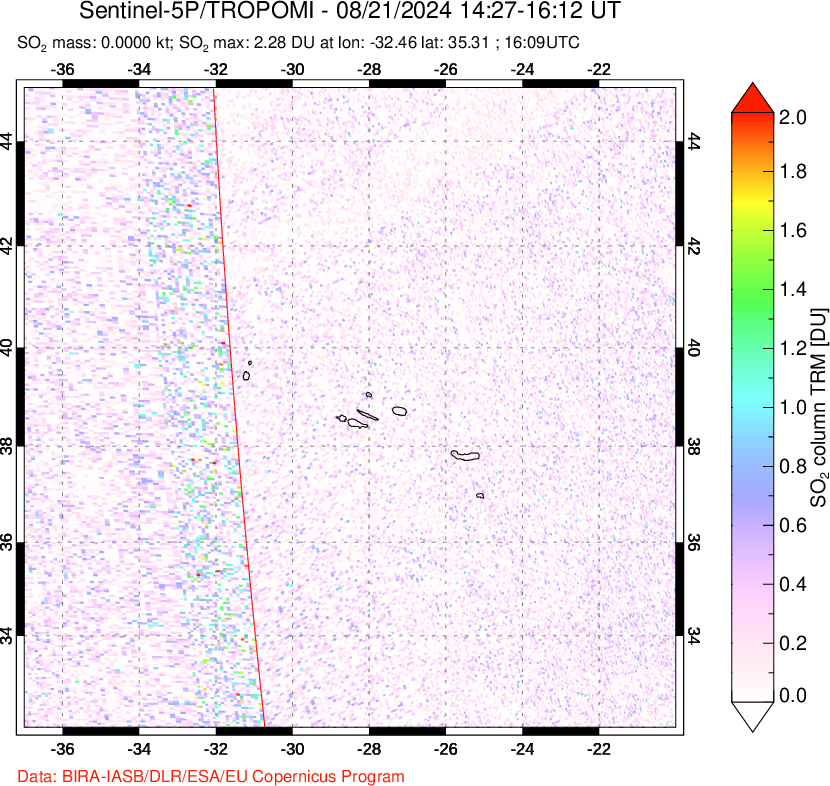 A sulfur dioxide image over Azore Islands, Portugal on Aug 21, 2024.