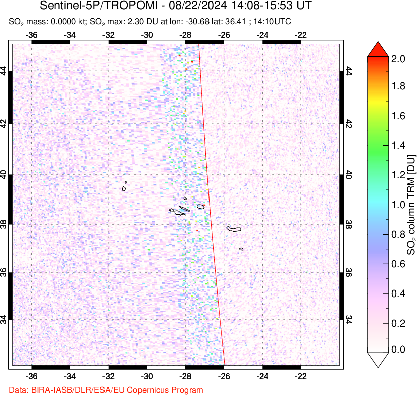 A sulfur dioxide image over Azore Islands, Portugal on Aug 22, 2024.