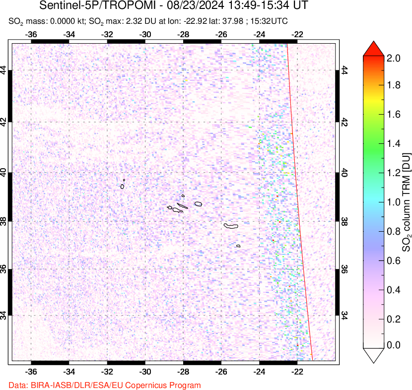 A sulfur dioxide image over Azore Islands, Portugal on Aug 23, 2024.