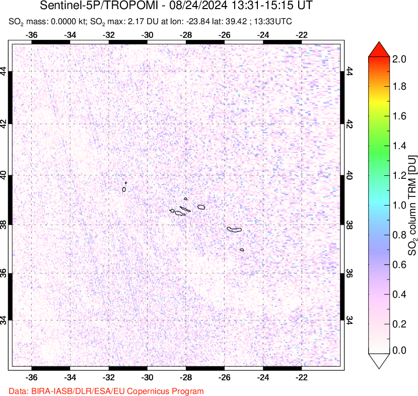 A sulfur dioxide image over Azore Islands, Portugal on Aug 24, 2024.