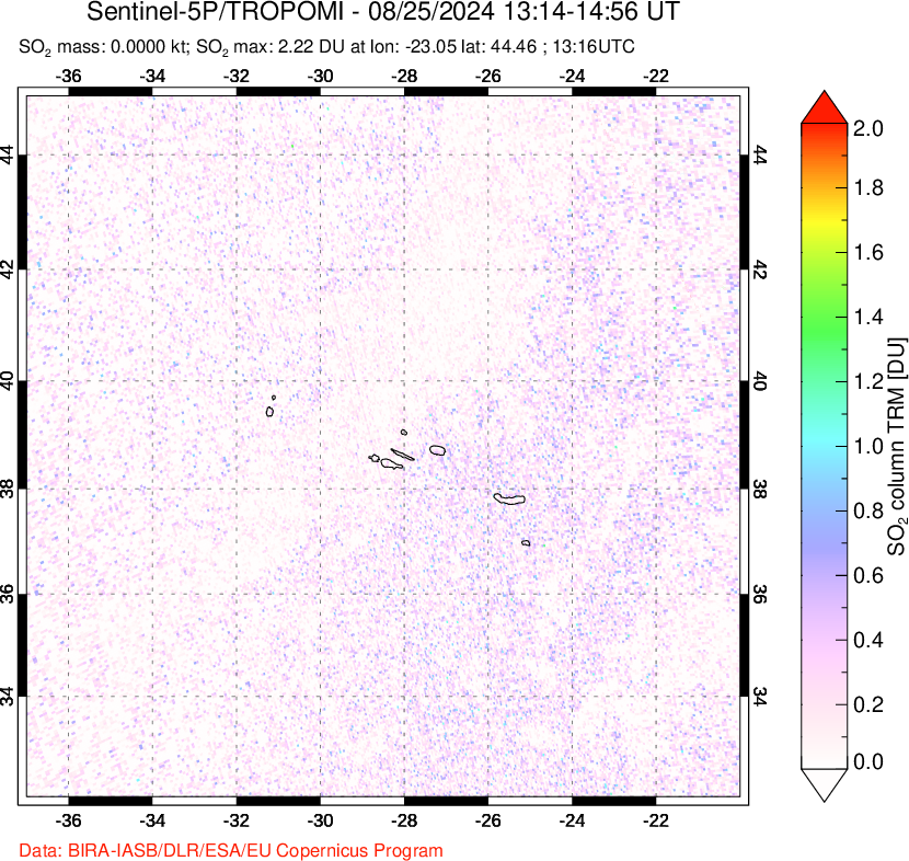 A sulfur dioxide image over Azore Islands, Portugal on Aug 25, 2024.