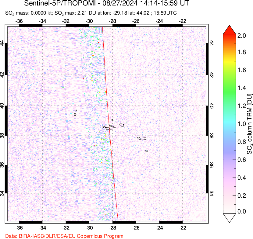 A sulfur dioxide image over Azore Islands, Portugal on Aug 27, 2024.