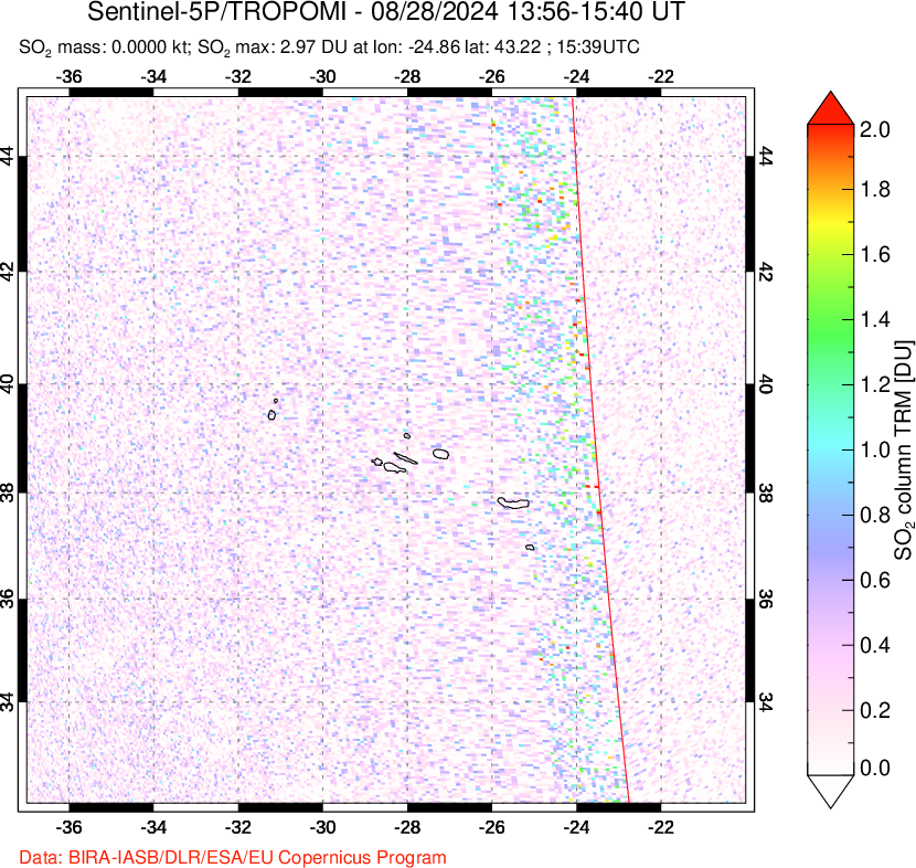 A sulfur dioxide image over Azore Islands, Portugal on Aug 28, 2024.