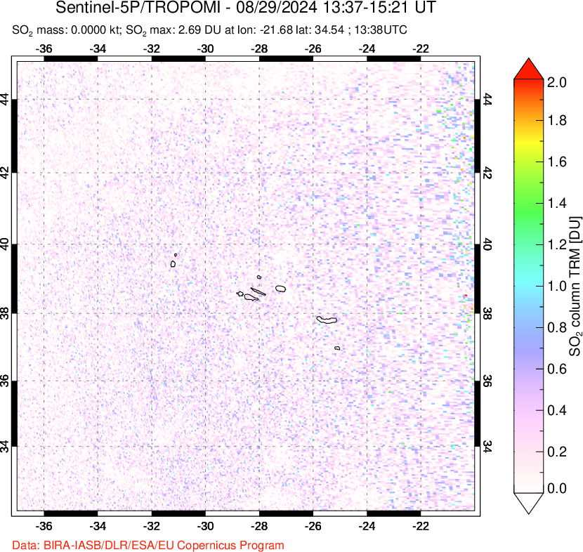 A sulfur dioxide image over Azore Islands, Portugal on Aug 29, 2024.