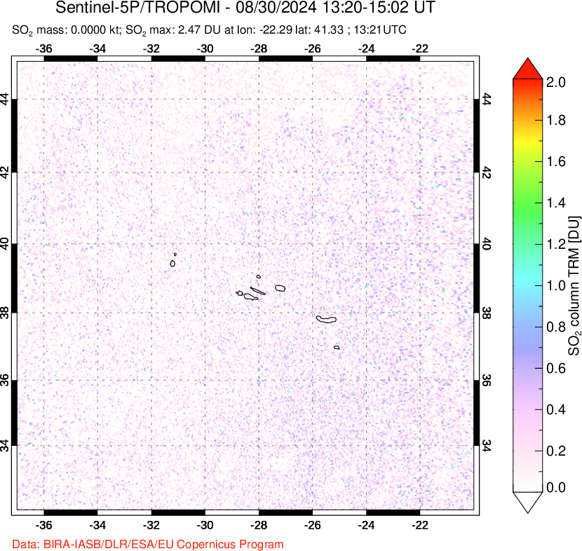 A sulfur dioxide image over Azore Islands, Portugal on Aug 30, 2024.