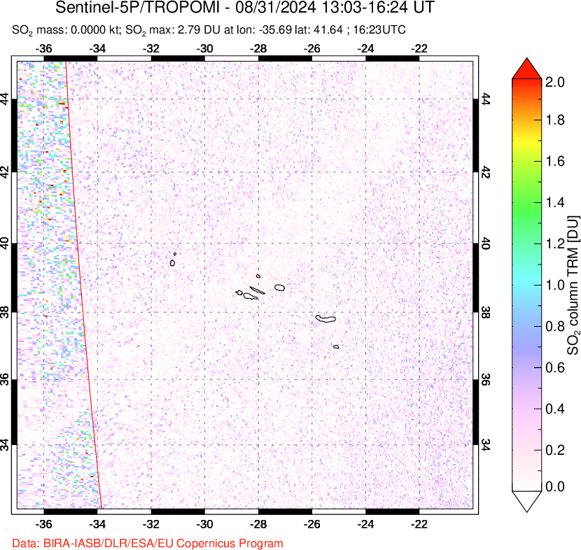 A sulfur dioxide image over Azore Islands, Portugal on Aug 31, 2024.