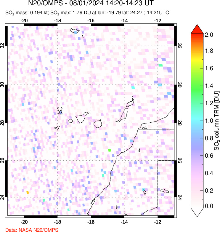 A sulfur dioxide image over Canary Islands on Aug 01, 2024.