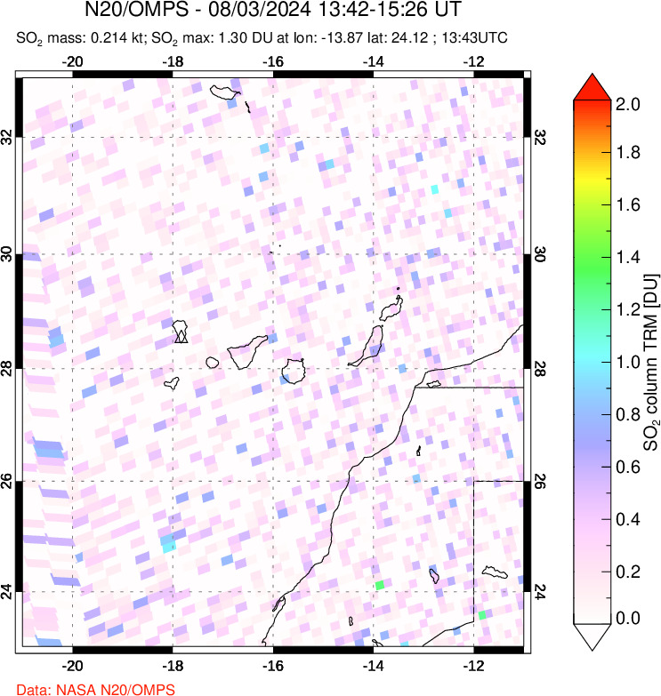 A sulfur dioxide image over Canary Islands on Aug 03, 2024.