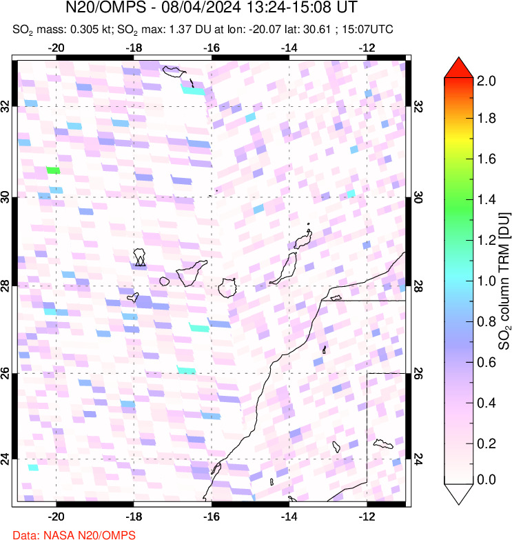 A sulfur dioxide image over Canary Islands on Aug 04, 2024.