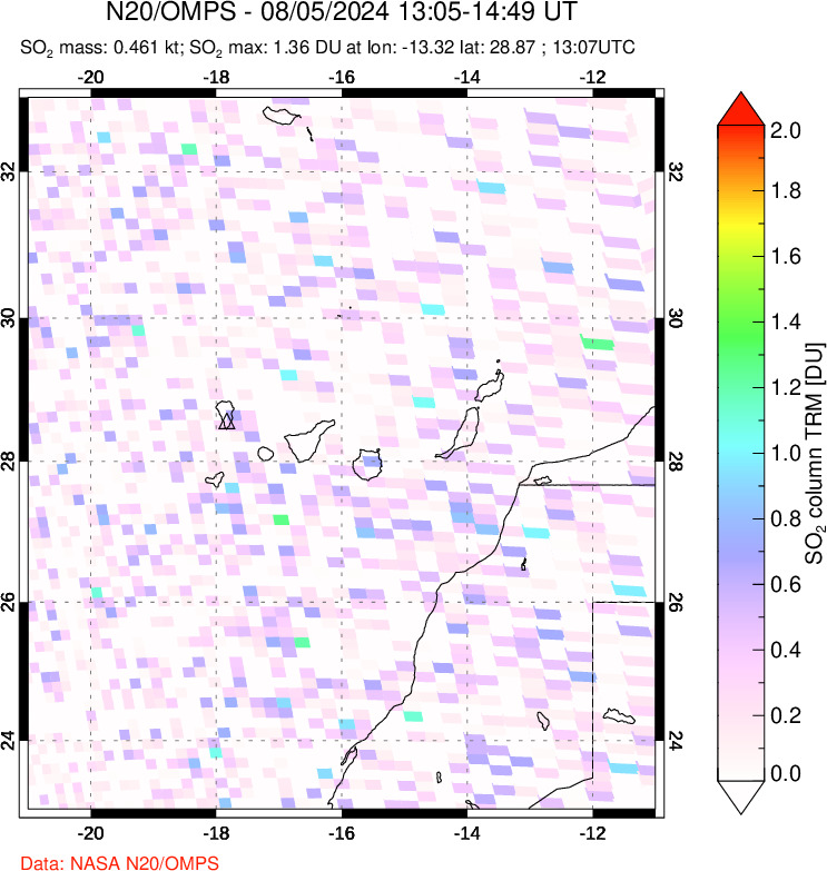 A sulfur dioxide image over Canary Islands on Aug 05, 2024.