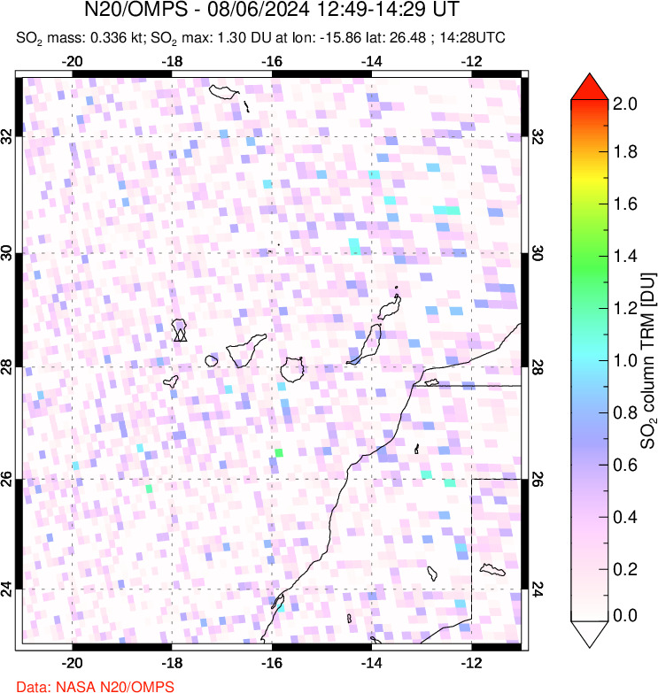 A sulfur dioxide image over Canary Islands on Aug 06, 2024.